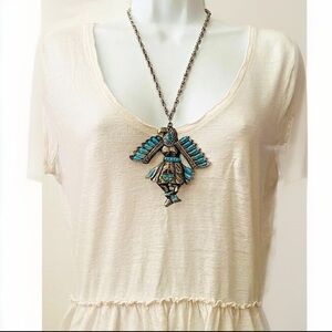 OVERSIZED Vintage 1960's 70's Kachina Doll Metal Faux Turquoise Pendant Necklace